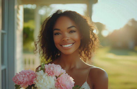 A woman stands outside a rustic building, holding a bouquet of colorful flowers. The golden sunlight bathes her in a warm glow, creating a joyful and serene atmosphere.の素材