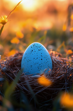 A blue speckled egg is resting in a cozy nest made of twigs and grass, surrounded by vibrant wildflowers during a picturesque sunset.の素材