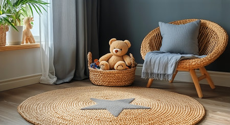 A comfortable childs room features a rattan chair and a plush teddy bear in a woven basket. The dark wall enhances the cozy atmosphere, perfect for relaxation.の素材