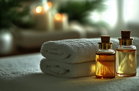 Two bottles of essential oils are placed next to neatly folded towels in a tranquil spa setting, illuminated by soft candlelight and surrounded by soothing greenery.の素材