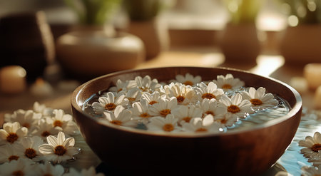 A wooden bowl filled with delicate white flowers floats on calm water, surrounded by soft greenery. The sunlight gently illuminates the scene, enhancing the peaceful ambiance.の素材
