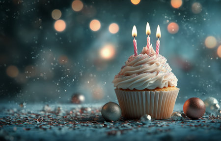 A beautifully decorated cupcake topped with whipped cream and lit candles is the centerpiece, surrounded by pastel-colored decorations and confetti, creating a festive atmosphere.の素材