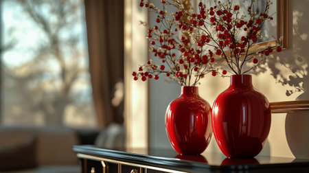 Red vases filled with delicate flowers sit elegantly on a glossy table in a contemporary living room, showcasing a stylish and inviting atmosphere.の素材