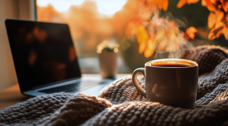 Warm sunlight filters through the window, illuminating a steaming cup of coffee next to a laptop on a cozy blanket during a peaceful morning.の素材