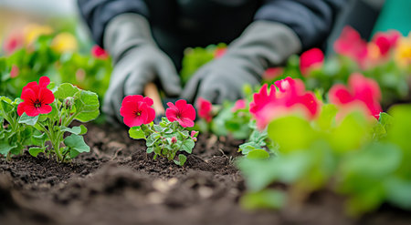 A gardener wearing gloves is planting bright red flowers in rich soil. The colorful garden is lush with greenery, showing the joys of springtime planting and nurturing nature.の素材