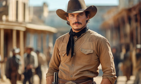 A cowboy dressed in classic attire poses confidently in a western town. The sun casts warm light, highlighting the rustic buildings and dusty streets, evoking a historic atmosphere.の素材