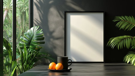 Sunlight streams through large windows, casting shadows on a dark table. An empty frame stands beside a cup and two oranges, surrounded by vibrant plants.の素材