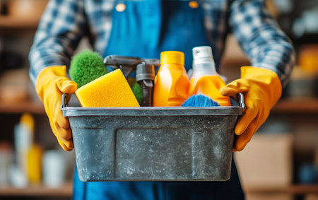 A person with yellow gloves carries a bucket filled with cleaning supplies, including sponges and sprays, in a cluttered storage area, ready for organizing household tasks.の素材