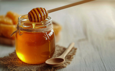 Sweet golden honey flows from a wooden dipper into a glass jar resting on a textured cloth. Sunlight highlights the rich amber color, creating a warm atmosphere.の素材