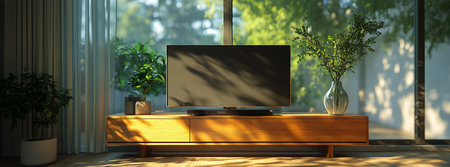 Bright living room featuring a sleek wooden TV stand, lush indoor plants, and soft sunlight streaming through large windows, creating a warm and inviting atmosphere.の素材