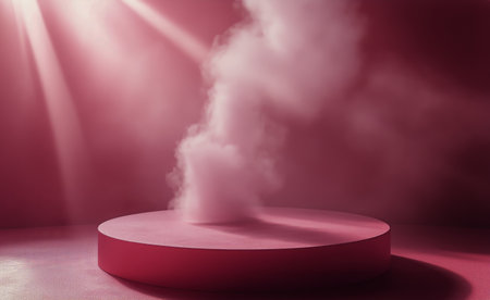 A soft pink cloud billows from a circular surface, creating a dreamy atmosphere against a rich red backdrop, suggesting an artistic or abstract concept.の素材