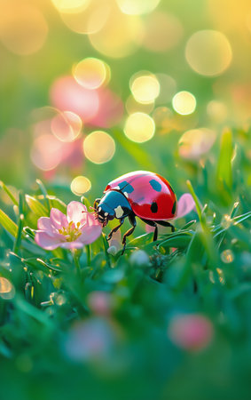 A ladybug is perched on a pink flower in a vibrant garden. The warm sunlight filters through the blossoms, creating a shimmering backdrop of color and light.の素材