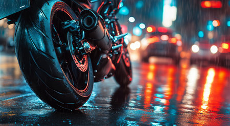 A motorcycle stands prominently on a slick, rain-soaked street. Vibrant city lights create reflections, enhancing the nighttime atmosphere as rain cascades around.の素材