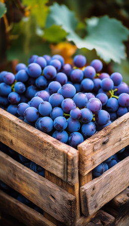 A wooden crate filled with ripe, juicy grapes sits nestled among lush vineyards during late summer, showcasing natures bounty and vibrant colors.の素材