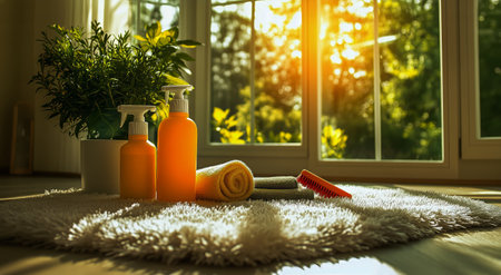 Warm sunlight floods a serene room, highlighting bottles of natural products, a soft towel, and a brush on a fluffy rug with a touch of greenery nearby.の素材