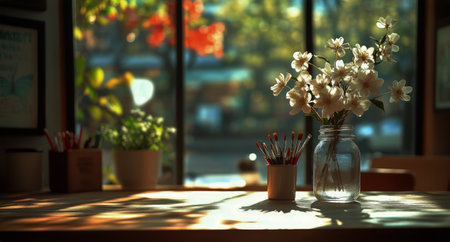 A cozy cafe features a wooden table adorned with a jar of daisies and a cup of colorful art supplies. Sunlight streams through the windows, illuminating the vibrant decor and plants.の素材