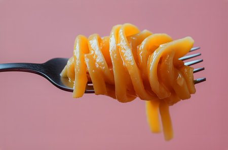 A fork balances a twirl of pasta strands, illuminated against a soft pink backdrop. The vibrant yellow sauce enhances the visual appeal of the dish, highlighting its texture.の素材