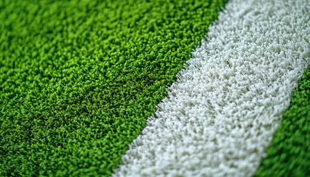 Close-up view of a vibrant green artificial turf field featuring a prominent white line marking. The setting is bright and suitable for various sports activities.の素材