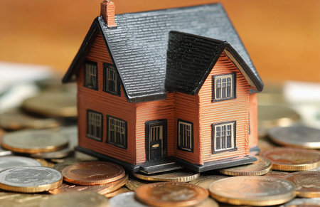 A small model house sits atop a pile of coins, symbolizing the concept of real estate investment and financial growth. This setup illustrates the importance of budgeting.の素材