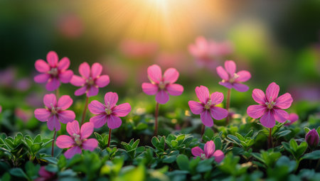 Delicate pink flowers bloom as the sun sets, casting a warm glow over the garden. The vibrant colors create a serene and enchanting atmosphere for visitors to enjoy.の素材