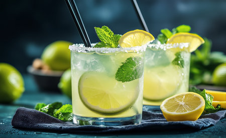 Two glasses filled with citrus cocktails showcase fresh mint and lemon garnishes. Salted rims enhance the vibrant presentation of this drink, ideal for summer gatherings.の素材