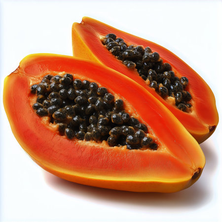 Freshly sliced papaya showcases its bright orange flesh and dark seeds. This tropical fruit offers a nutritious, sweet flavor ideal for smoothies or desserts.の素材