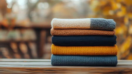 Six soft, knitted blankets are neatly arranged in a cozy shop. The colors range from cream to deep red, creating a warm and inviting atmosphere, perfect for autumn.の素材