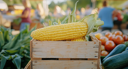 Golden corn on the cob is artfully arranged in a wooden crate at a bustling farmers market during a sunny summer afternoon, surrounded by vibrant produce and cheerful shoppers.の素材