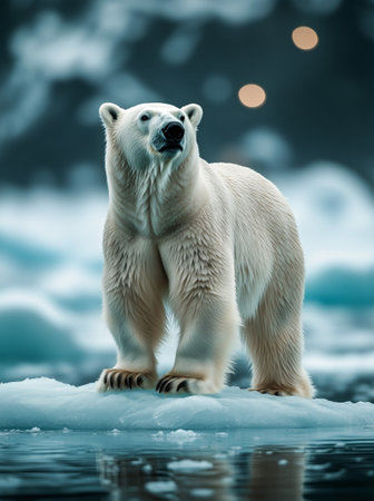 A polar bear gracefully stands on a floating ice block amidst a calm Arctic waterway, surrounded by glistening ice formations in the serene twilight hours.の素材
