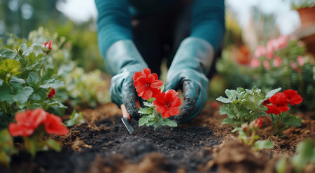 A gardener wearing gloves is planting bright red flowers in rich soil. The colorful garden is lush with greenery, showing the joys of springtime planting and nurturing nature.の素材