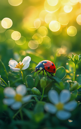 A ladybug is perched on a pink flower in a vibrant garden. The warm sunlight filters through the blossoms, creating a shimmering backdrop of color and light.の素材