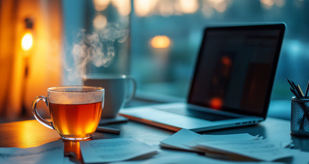 A cup of steaming coffee rests on a table next to an open laptop as warm sunlight floods through the window, creating a serene and inviting workspace ambiance.の素材