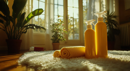 Warm sunlight floods a serene room, highlighting bottles of natural products, a soft towel, and a brush on a fluffy rug with a touch of greenery nearby.の素材