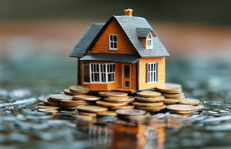 A small model house sits atop a pile of coins, symbolizing the concept of real estate investment and financial growth. This setup illustrates the importance of budgeting.の素材