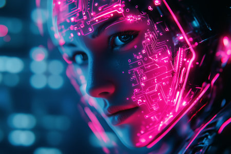 A close-up of a womans face illuminated by vibrant neon lights, showing intricate circuit patterns across her skin. The setting suggests a futuristic or cyberpunk aesthetic.の素材
