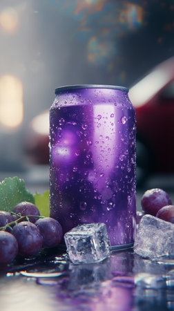 A cold purple beverage can covered in droplets of water rests besides fresh grapes and ice cubes, capturing the essence of a warm evening outdoors as sunlight glimmers softly.の素材