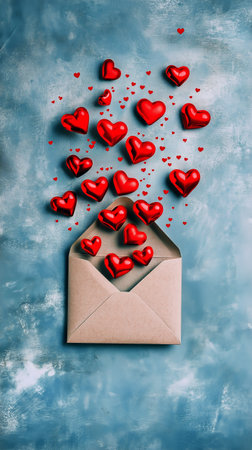 A light blue backdrop features a brown envelope filled with vibrant red heart shapes.の素材