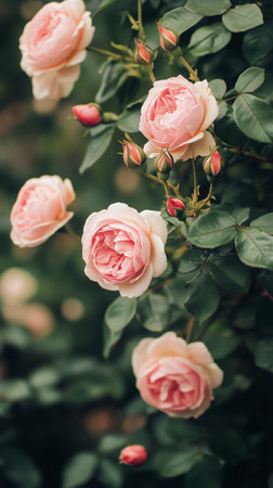 A cluster of soft pink roses with budding flowers surrounded by lush green leaves, capturing the essence of spring in a serene garden setting.の素材