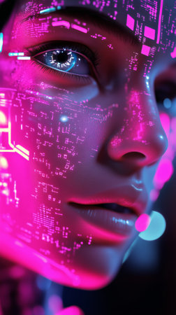 A detailed close-up of a female robots face with intricate circuit patterns illuminated in vibrant pink. The background features a dark, technology-inspired atmosphere.の素材