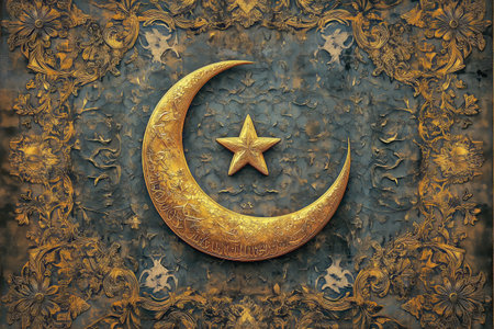 Decorative representation of a golden crescent moon and star surrounded by ornate floral patterns on a textured backdrop, showcasing craftsmanship and artistic detail.の素材