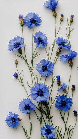 Various blue flowers are scattered creatively on a light surface, displaying different shades and sizes.の素材