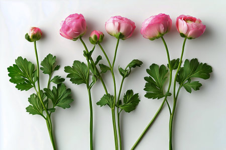 Coral ranunculus flowers with lush green leaves are beautifully arranged in a decorative fashion against a white background, creating a vibrant display of natures beauty.の素材
