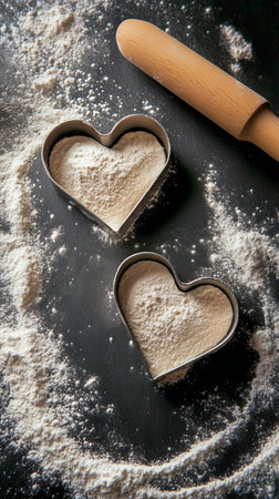 Heart-shaped cookie cutters rest on a floured kitchen countertop next to a rolling pin, creating a romantic baking atmosphere perfect for special occasions or celebrations.の素材