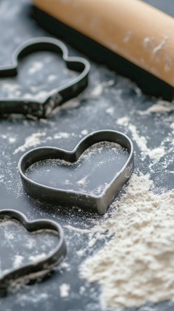 Heart-shaped cookie cutters rest on a floured kitchen countertop next to a rolling pin, creating a romantic baking atmosphere perfect for special occasions or celebrations.の素材