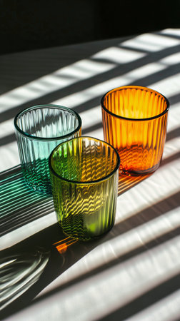 Three colorful glass cups in green, blue, and orange are positioned on a surface, their shadows forming unique patterns as sunlight streams through nearby slats.の素材