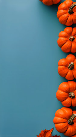 Bright orange pumpkins and autumn leaves are arranged along the edges of a blue background, creating a festive fall atmosphere perfect for seasonal decorations or events.の素材