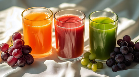 Three glasses of freshly squeezed juices in orange, red, and green hues sit on a light cloth. Nearby, assorted grapes add a touch of freshness to the arrangement.の素材