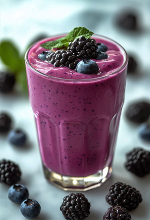 A bright berry smoothie topped with blueberries and blackberries sits in a clear glass on a marble table, surrounded by scattered berries and mint leaves, evoking freshness and flavor.の素材