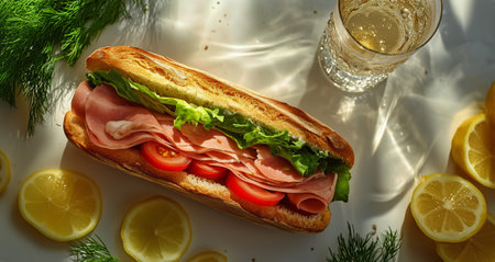 Delicious submarine sandwich featuring layers of ham, fresh lettuce, and ripe tomatoes is showcased on a bright table. A glass of sparkling water and lemon slices add a refreshing touch.の素材