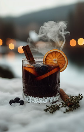 A glass filled with a warm spiced drink is placed on snow, featuring orange slices and cinnamon. Soft smoke rises as bokeh lights shimmer in the background by the lake.の素材
